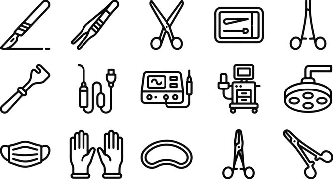 Set of fifteen thin line vector icons representing various surgical instruments and medical equipment for hospital operations