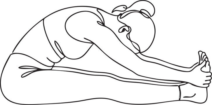 Woman performing seated forward bend yoga pose. Female athlete stretching hamstrings in minimalist yoga illustration.