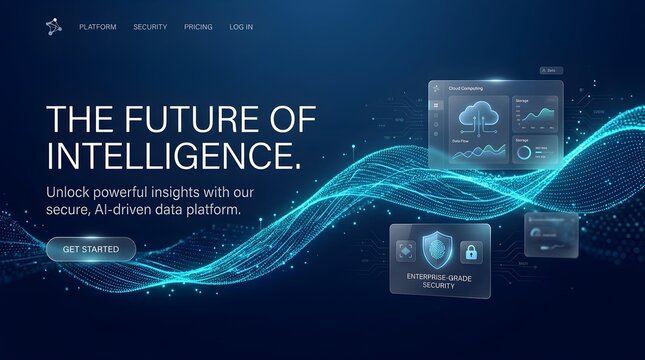 Modern Artificial Intelligence Web Landing Page Design Featuring Advanced Data Analytics and Cyber Security Network Visualization Graphics
