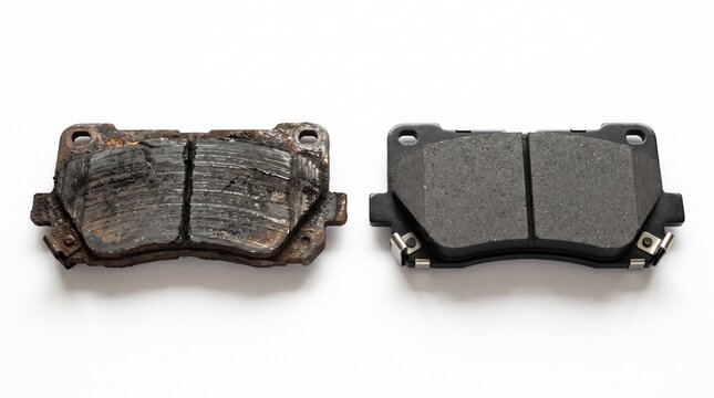 Worn brake pad next to new replacement part. Used automotive brake component compared to fresh friction material for vehicle maintenance.