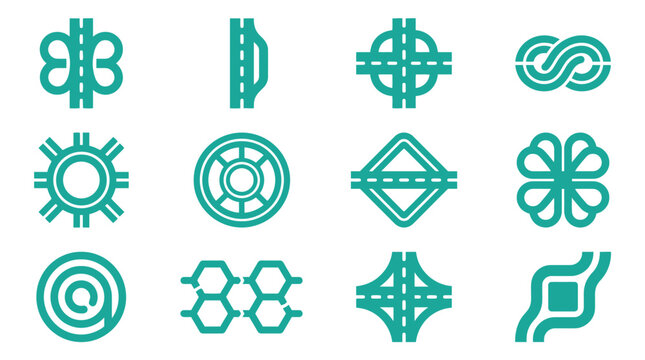 Teal flat vector icons depicting various road interchanges, highway junctions, traffic circles, and urban planning map symbols isolated on a white background for GPS and navigation.