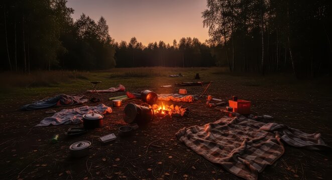 Cozy campsite at dusk with a crackling campfire, blankets, and cooking gear in a forest clearing, peaceful outdoor adventure