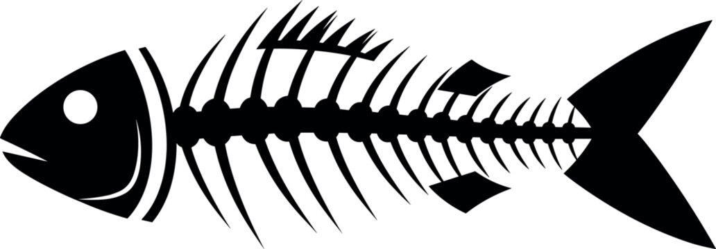 Stylized black fish skeleton icon, minimalist vector illustration symbolizing decay, environment, pollution, overfishing and marine design projects