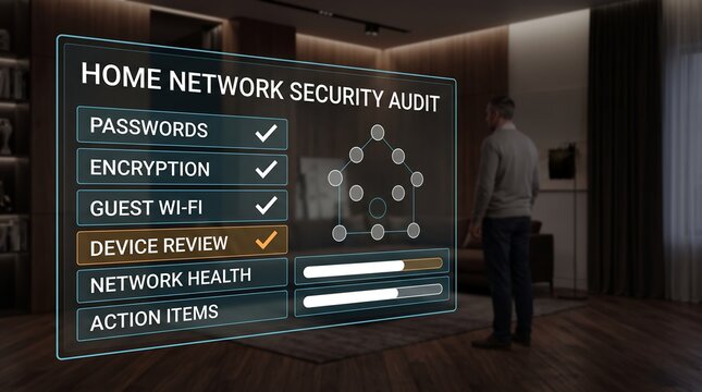 Home network security audit checklist presented on a futuristic holographic interface for a homeowner reviewing residential cybersecurity settings