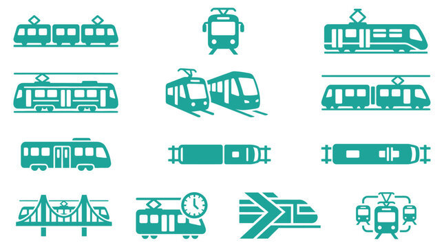 Teal tram and light rail vector icon set with front, side, and top views, including public transit symbols for schedules, bridge crossings, and network maps on a white background.