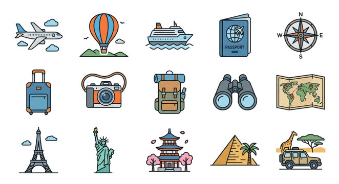 Colorful travel and adventure icons collection.