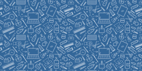 Fototapeta premium Makeup and beauty products doodle pattern. Hand drawn sketch with skin care and beauty products. Beauty-themed seamless pattern background. Grooming and beauty tools outline repeat design. 