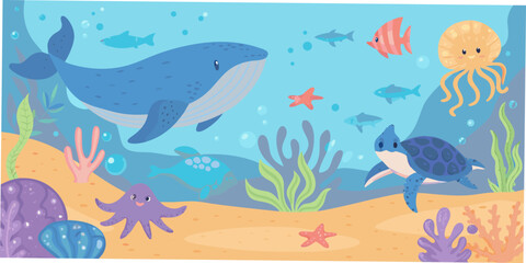 Cartoon illustration of marine life with whale turtle and jellyfish © Savankar