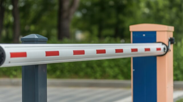 White and red automatic barrier arm at a parking entrance