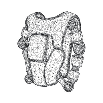 Wireframe mesh model of a detailed backpack design.