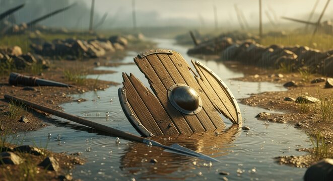 Damaged Viking Shield and Spear in Muddy Stream after Battle, Medieval Warfare Aftermath