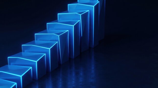 Glowing blue digital blocks rising in a staircase pattern on a dark background for business growth