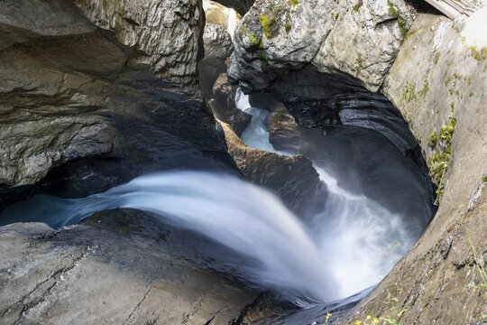 Waterfall in a rocky gorge of Tr&uuml;mmelbach, Tr&uuml;mmelbach Falls, long time exposure, Lauterbrunnen, Bernese Oberland, Switzerland