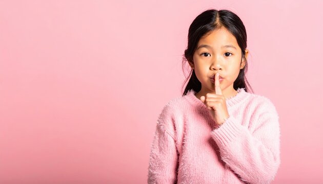 asian little girl wearing pink sweater making quiet shhh gesture with finger on lips, pastel pink background, childhood expression, studio portrait, copy space