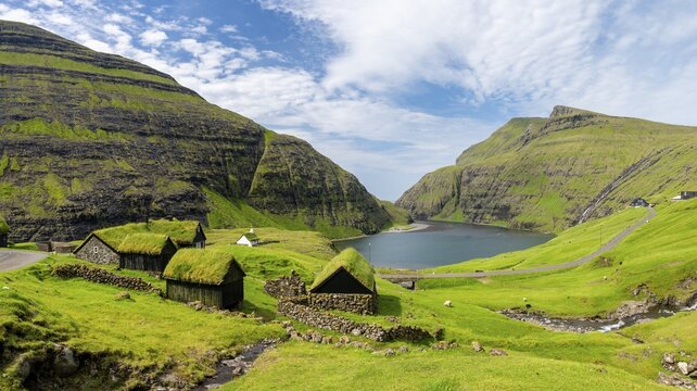 Traditional houses of Saksun, grass roof, Streymoy island, Faroe Islands, Denmark
