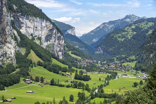 View of the picturesque valley of Lauterbrunnen with Staubbach Falls, mountain landscape, Bernese Alps, Bernese Oberland, Switzerland