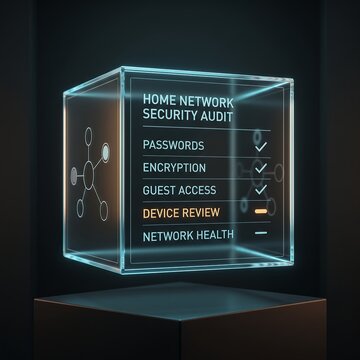 Home network security audit checklist featured on a floating 3D holographic display with status icons for smart home privacy and network health assessment