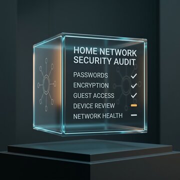 Home network security audit checklist displayed on a futuristic holographic interface for residential cybersecurity and connected device assessment