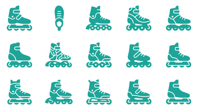 Set of fifteen teal inline skate and rollerblade icons with varied boot styles, wheel layouts, and strap details, isolated on white background for sports app and fitness web design.