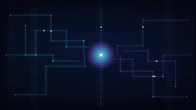 Futuristic digital circuit board animation, glowing blue network connection lines, abstract technology background for big data and cyber security