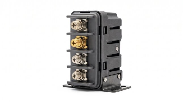 Automotive power relay module with four electrical connectors. Heavy-duty car fuse box for vehicle wiring and circuit protection.