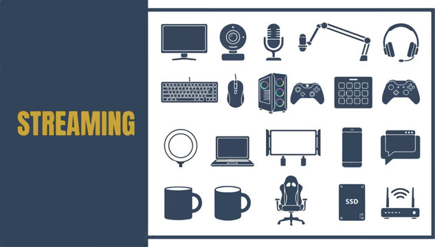 Gamer and live streamer equipment icon set collection