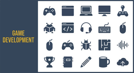 Game development icons including gamepad code and hardware © FRIDA STORE