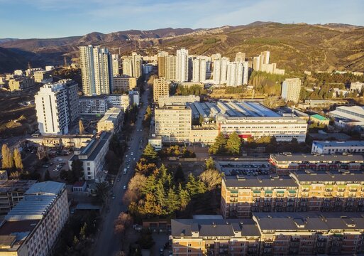 Aerial view of high buildings in Saburtalo district in Tbilisi, Georgia. Property real estate banner caucasus. Tbilisi. Georgia