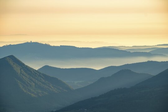 Blue silhouettes of mountains, view over the Salzkammergut, Salzburg, Austria