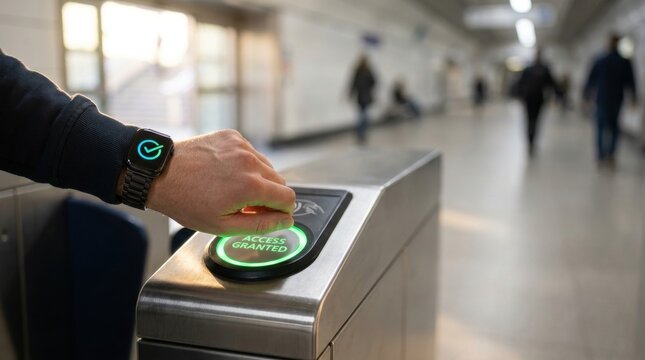 Commuting through the Gate: A person's hand taps a digital device on an electronic turnstile at a subway station, indicating entry or exit while other commuters walk in the background.