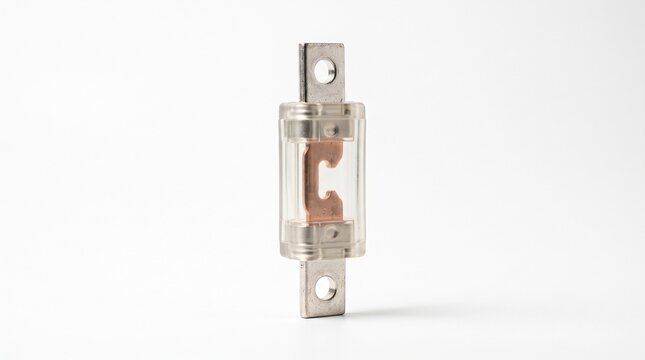 Automotive electrical fuse standing upright on white background. Close-up of car fuse for circuit protection and vehicle maintenance.