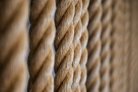 Close-up of several twisted thick ropes hanging close together, Strandingsmuseum St. George, North Sea coast, Thorsminde, Denmark