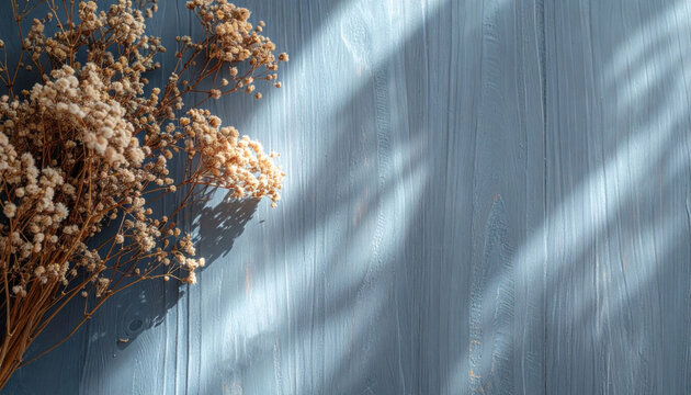 Soft dried flowers on blue wooden surface with soft sunlight and shadow, calm rustic still life composition with textured background and warm tones