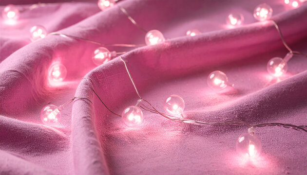 Pink string lights on soft fabric create warm cozy glow and gentle romantic mood