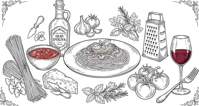 Hand drawn italian pasta dinner set with spaghetti tomatoes olive oil and wine sketch vector illustration