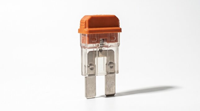 Automotive electrical fuse standing upright on white background. Close-up of car circuit protection component for vehicle maintenance and repair.
