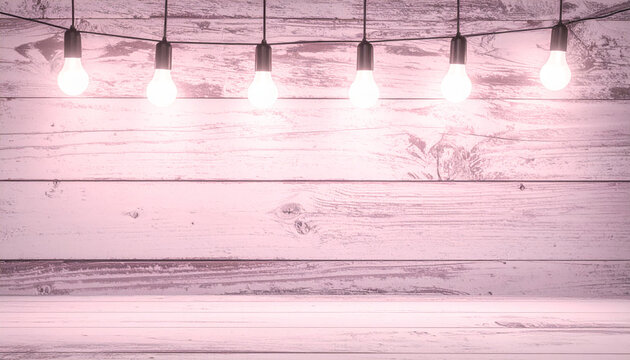 String hanging light bulb string wooden background rustic pink glow cozy atmosphere