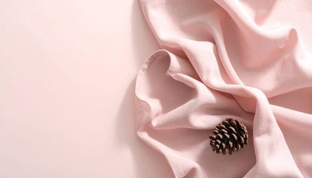 Soft pink fabric with pine cone on draped cloth conveying gentle cozy mood