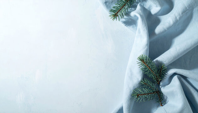 Fresh pine branch on soft blue fabric evokes calm winter mood with textured backdrop and negative space for text