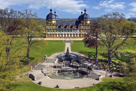 Aerial view, cascade and Seehof Castle, former summer residence of Bamberg prince-bishops, built 1687-1696, architect Antonio Petrini, Baroque, now Bavarian State Office for the Preservation of Monuments, the municipality of Memmelsdorf, Bamberg district, Upper Franconia, Bavaria, Germany