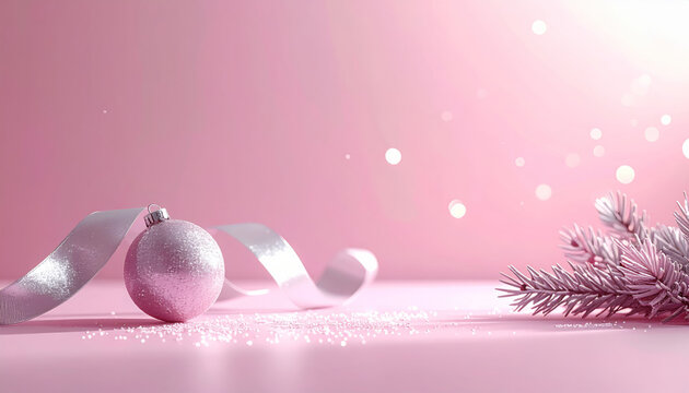 Pink Christmas ornament and ribbon with frosted evergreen branch, soft bokeh light and festive sparkle, serene holiday still life scene