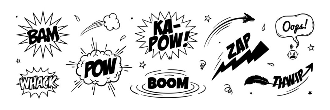 Comic Book Sound Effects with Dynamic Action Words and Symbols Featuring Bam, Pow, Whack with Boom and Zap Elements for Ka-Pow