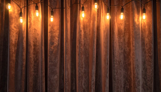 Warm string lights hanging above textured brown velvet curtain creating cozy ambient mood