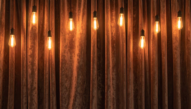 Warm vintage filament bulbs hanging over velvet stage curtain creating cozy ambient theater lighting