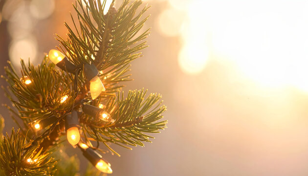 Cozy pine branch with warm string lights glowing at sunset, soft golden bokeh and peaceful holiday ambiance