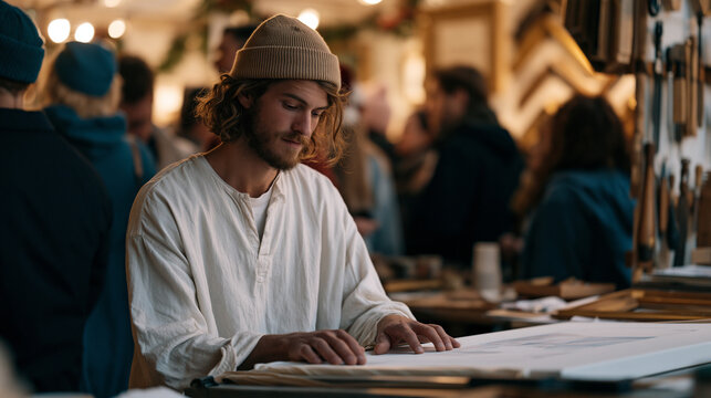 A picture framer working a busy December holiday crowd at an art fair, single professional focused on stretching a canvas at a portable workstation, festive buyers surrounding the