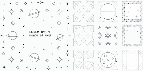 Celestial Line Art Icons And Geometric Patterns On White Background © Mithun