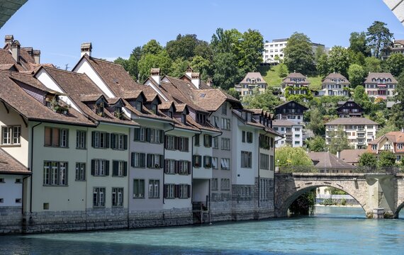 Row of houses on the banks of the river Aare, Nydegg district, Bern, Canton of Bern, Switzerland