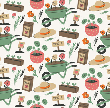 Vector seamless pattern with hand drawn gardening elements on white background. Gardening and horticulture texture