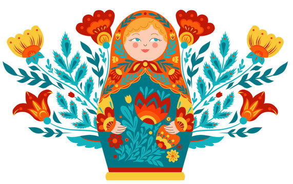 Vector card with a matryoshka in folk art style and a floral ornament. Matryoshka doll with flowers. Decorative Slavic souvenir.